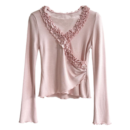 French three-dimensional lace V-neck inner women's 26 early spring niche design slim-fitting fungus edge bottoming shirt