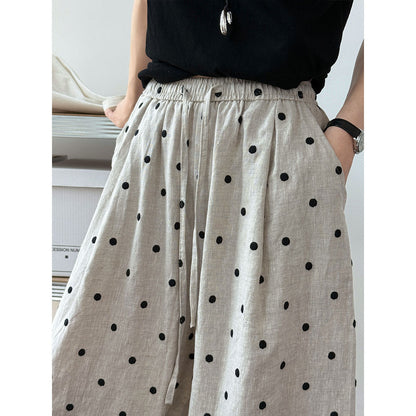Heavy industry linen~ polka dot embroidery elastic waist thin cotton and linen casual pants women's wide-leg sickle pants