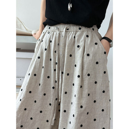 Heavy industry linen~ polka dot embroidery elastic waist thin cotton and linen casual pants women's wide-leg sickle pants