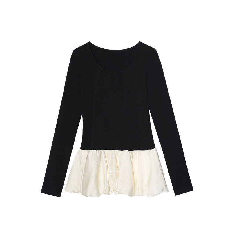 Sweet age-reducing bud hem long-sleeved crew neck bottoming shirt for women
