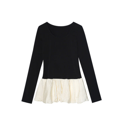 Sweet age-reducing bud hem long-sleeved crew neck bottoming shirt for women
