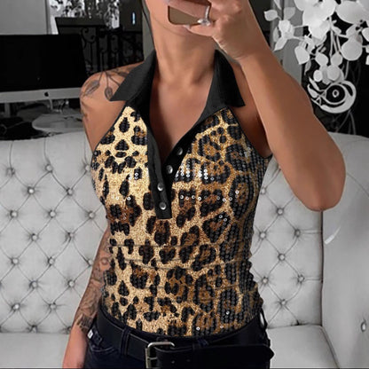 Fashion Sequin Lapel Button Sleeveless Top