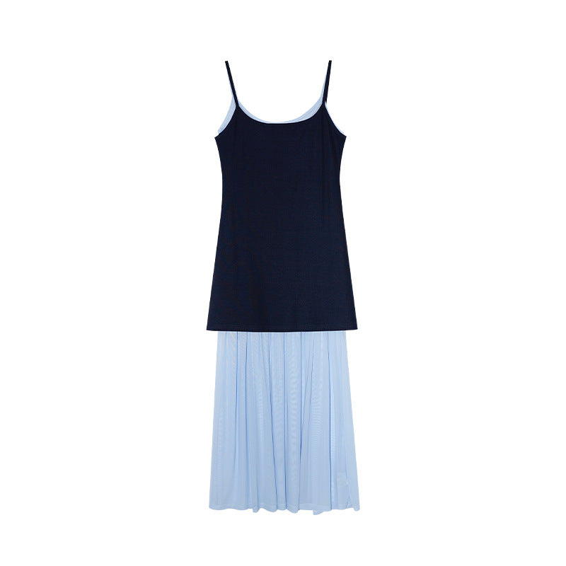 French mesh stitching shows thin contrasting color minimalist suspender dress