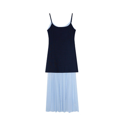 French mesh stitching shows thin contrasting color minimalist suspender dress