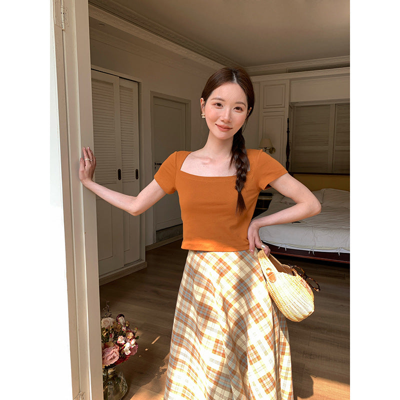 Square Neck French Tights Open Button Short Sleeve T-Shirt