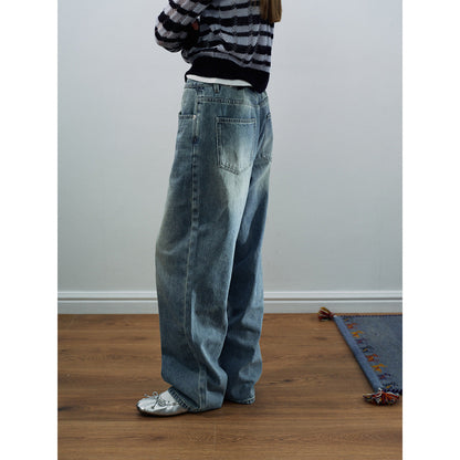 Spring casual high-waisted old-fashioned dirty basic versatile long straight jeans