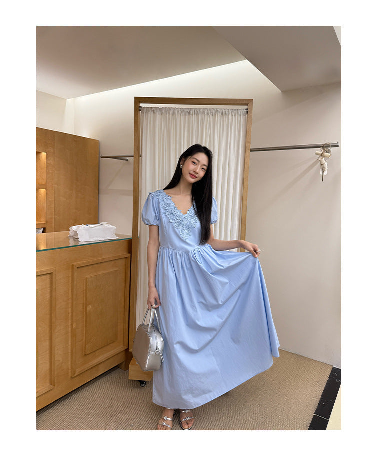 Heavy Industry High Waist Lace V-Neck Bubble Sleeve Dress