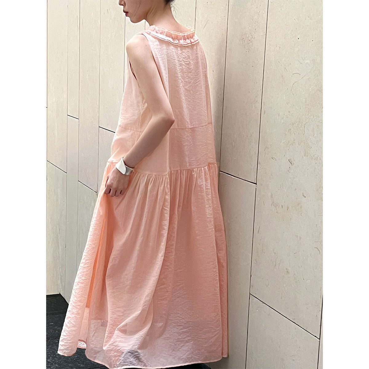 French clear fungus edge A word big swing dress women's summer sweet v-neck sleeveless dress