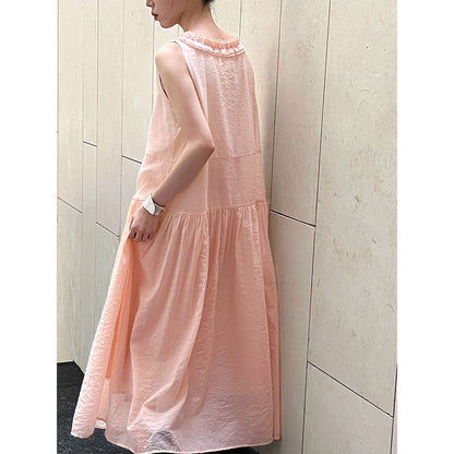 French clear fungus edge A word big swing dress women's summer sweet v-neck sleeveless dress