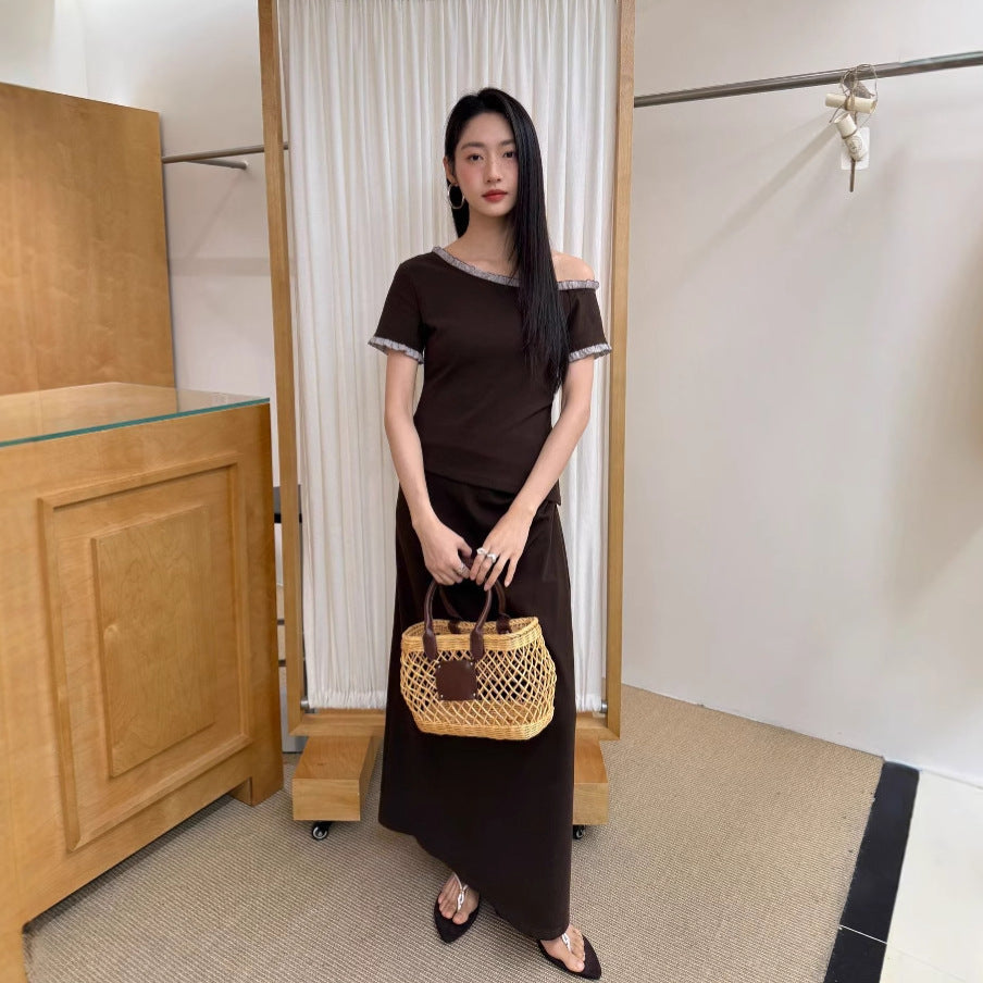 Pleated Skirt Slash Shoulder T-Shirt Two-piece Set