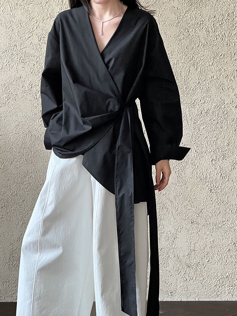 Autumn Korean irregular waist strap shirt women's casual niche design one-piece top
