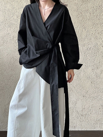Autumn Korean irregular waist strap shirt women's casual niche design one-piece top
