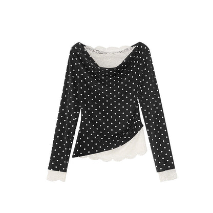 Gentle polka dot slanted shoulder slim-fit lace-edged long-sleeved knitted sweater