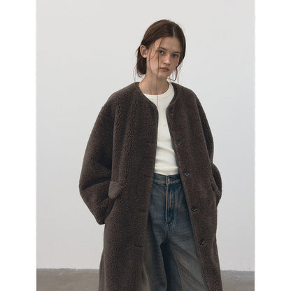 Winter new casual round neck single-breasted teddy fur integrated long plush jacket