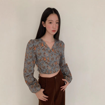 Floral shirt women's long-sleeved slim-fitting v-neck one-piece shirt