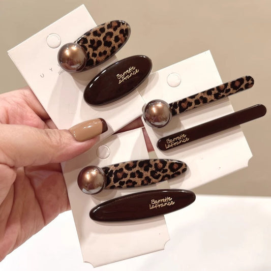 Premium leopard print coffee color hairpin mature temperament duck bill clip side bangs clip Korean retro pair clip hairpin