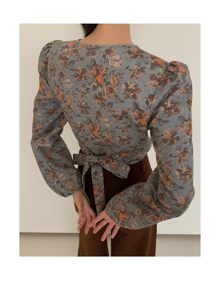 Floral shirt women's long-sleeved slim-fitting v-neck one-piece shirt