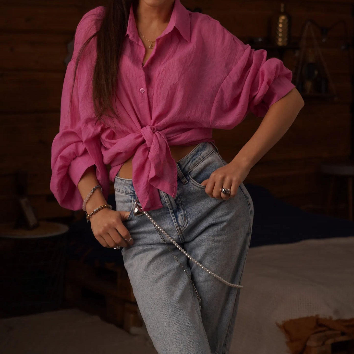 Lapel Long Sleeve Shirt Women Loose Fit Button-Front Blouse