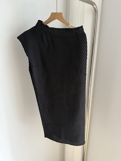 Miyake Pleated Two-Piece Set Women Minimalist Irregular Top and Skirt