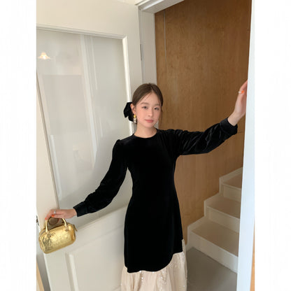 Light luxury high-end spliced velvet dress
