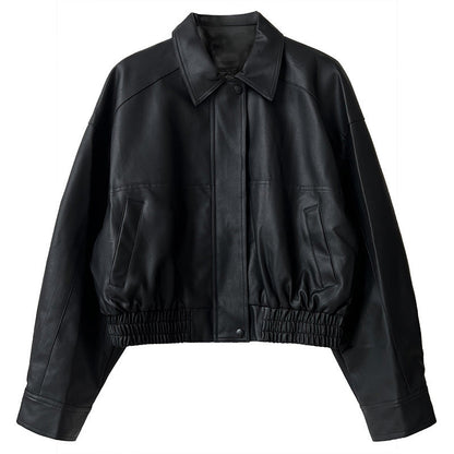Hong Kong-style leather jacket women's early spring new loose short PU motorcycle leather jacket top