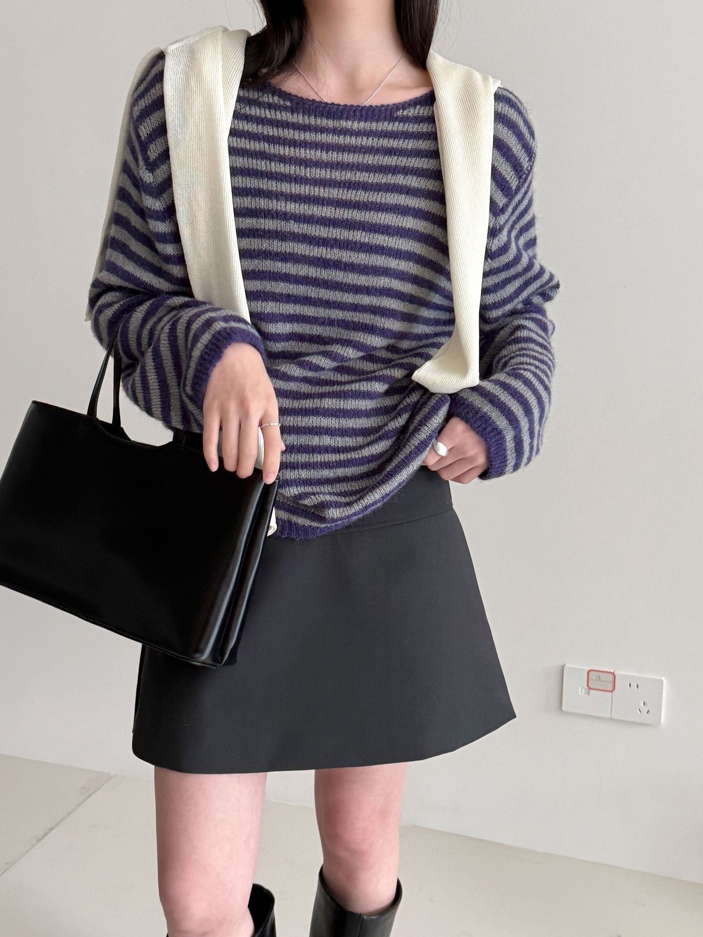 Casual wool retro striped lazy soft waxy knitted sweater women's spring new long-sleeved top
