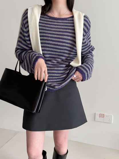Casual wool retro striped lazy soft waxy knitted sweater women's spring new long-sleeved top