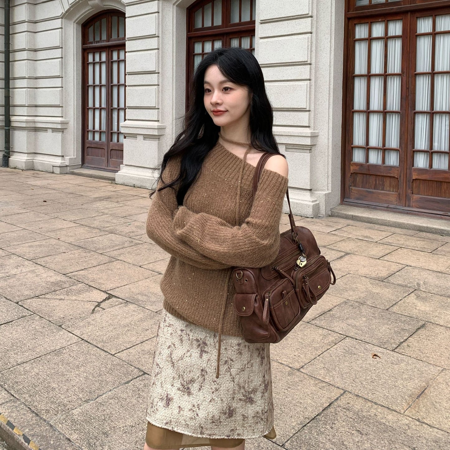 Temperament loose slanted shoulder backless sexy lace-up sweater