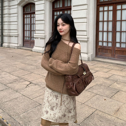 Temperament loose slanted shoulder backless sexy lace-up sweater