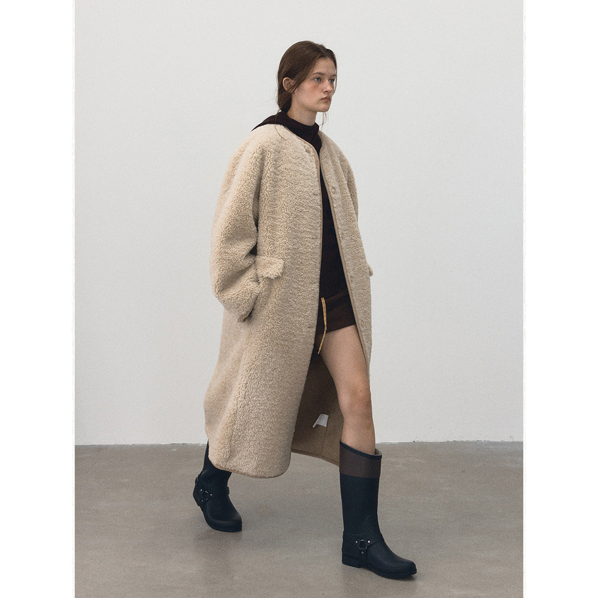 Winter new casual round neck single-breasted teddy fur integrated long plush jacket