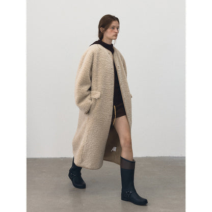 Winter new casual round neck single-breasted teddy fur integrated long plush jacket