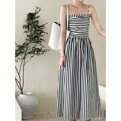French striped tube top suspender dress for women's high-end off-the-shoulder pleated waist A-word long dress summer