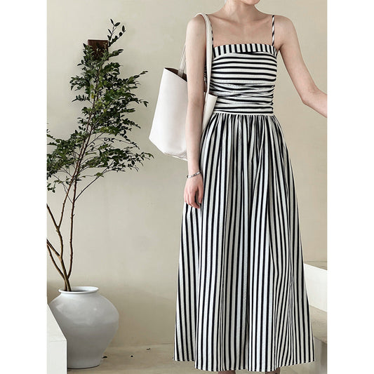 French striped tube top suspender dress for women's high-end off-the-shoulder pleated waist A-word long dress summer