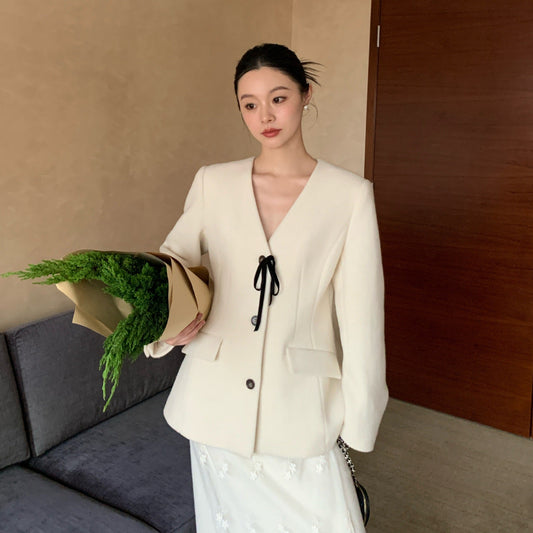 Small suit waist single row v-neck woolen jacket