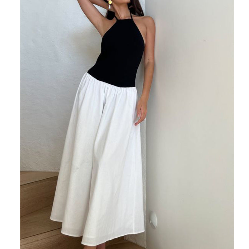 Fashion lace-up neck chiffon long dress backless splicing Spice girl sexy dress women sleeveless