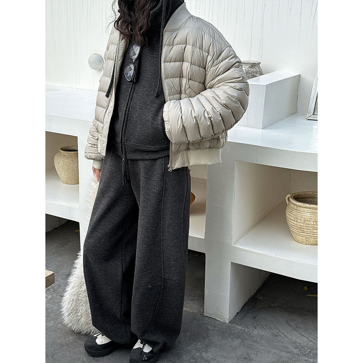 Wool fleece hooded double zipper sweater adjustable corset trousers temperament casual sports suit
