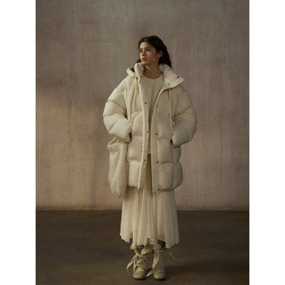 Classic Puff Hooded Warm Cocoon Loose Medium Length 90 White Duck Down Jacket