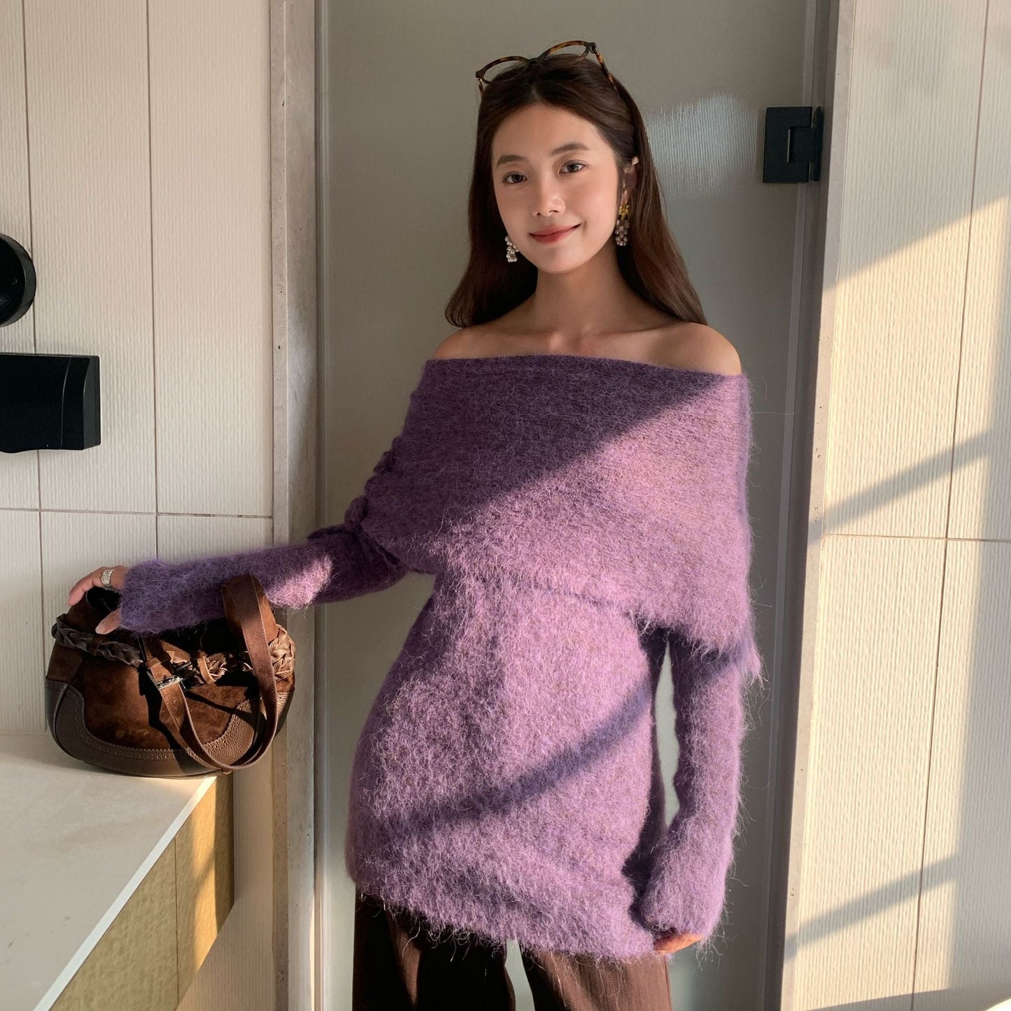 Women's Off-Shoulder 3D Floral Knit Alpaca Wool Pullover Sweater