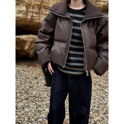 Black label, peace of mind 90 white duck down short bread jacket large lapel splicing pu leather down jacket women's winter new Y70