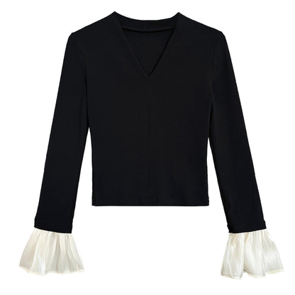 Pure desire ceiling~ V-neck knitted T-shirt splicing horn sleeves slim and thin Spice girl bottoming shirt women