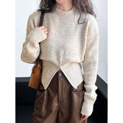 Short zipper sweater foreign high-end niche design round neck pullover top