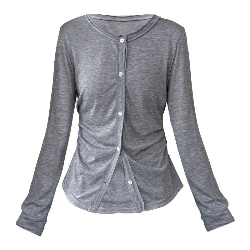 Pleated waist light long sleeve T-shirt women's summer new simple crew neck sunscreen cardigan top