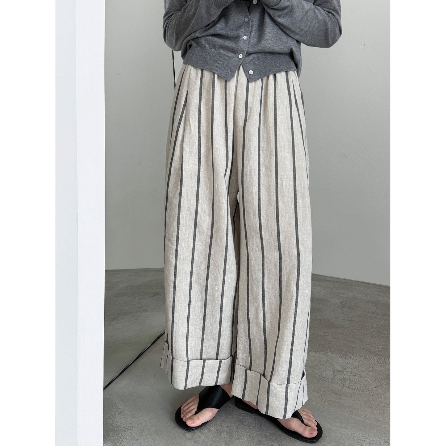 Japanese retro linen crimped casual pants spring new vertical striped nine-point wide-leg pants