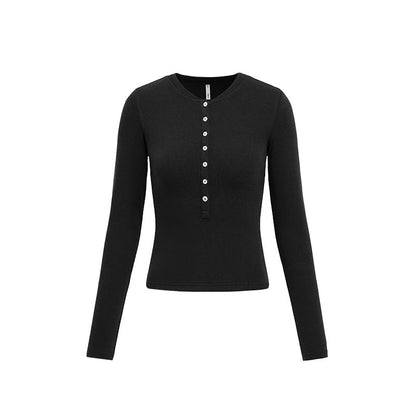 Henley Collar Slim Top Women Round Neck Long Sleeve Fitted T-Shirt