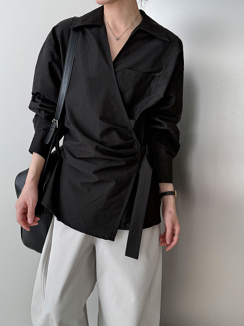 French design sense irregular cross strap shirt women's autumn new niche pleated top