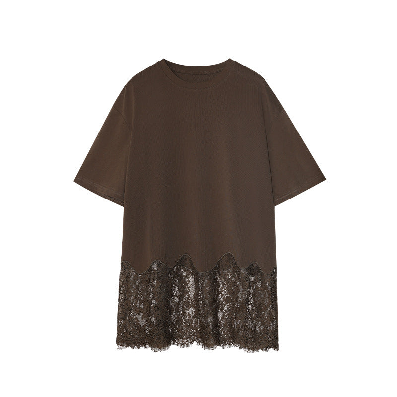 Early Spring French Gentle Lace Splicing Skirt Medium Sleeve Loose T-Shirt