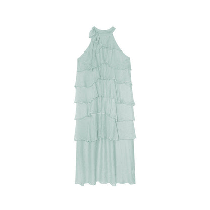 Women's Stand Collar Ruffle Tiered Sleeveless Tencel Maxi Dress