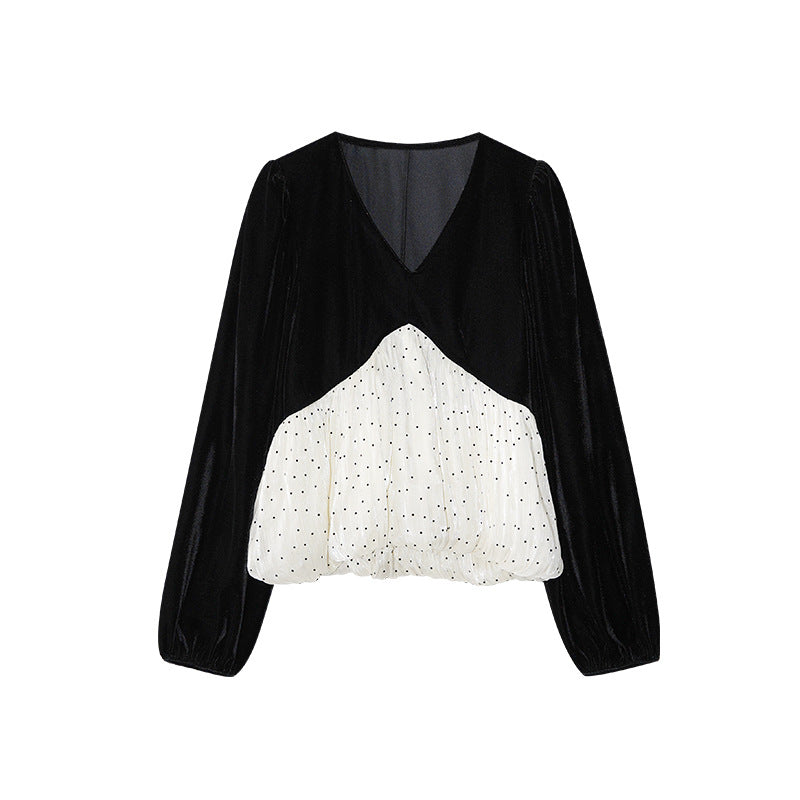 Age-reducing splicing long-sleeved V-neck velvet sweater