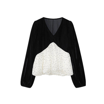 Age-reducing splicing long-sleeved V-neck velvet sweater