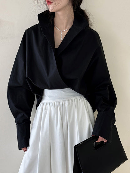 Silhouette stacked stand-up collar deep V-neck white shirt women's lazy bat sleeve temperament large version commuter shirt